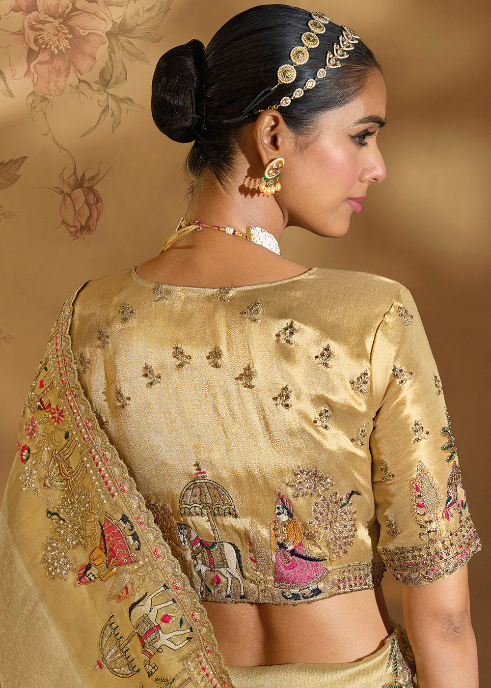 Buy Traditional Cream Heavy Embroidered Wedding Bridal Saree Online in US, UK, Canada, France, Germany, Denmark, Belgium, Sweden, Greece & Worldwide at Empress.