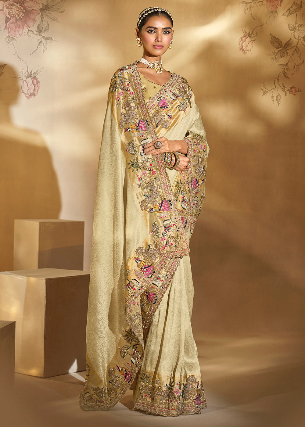Buy Traditional Cream Heavy Embroidered Wedding Bridal Saree Online in US, UK, Canada, France, Germany, Denmark, Belgium, Sweden, Greece & Worldwide at Empress.