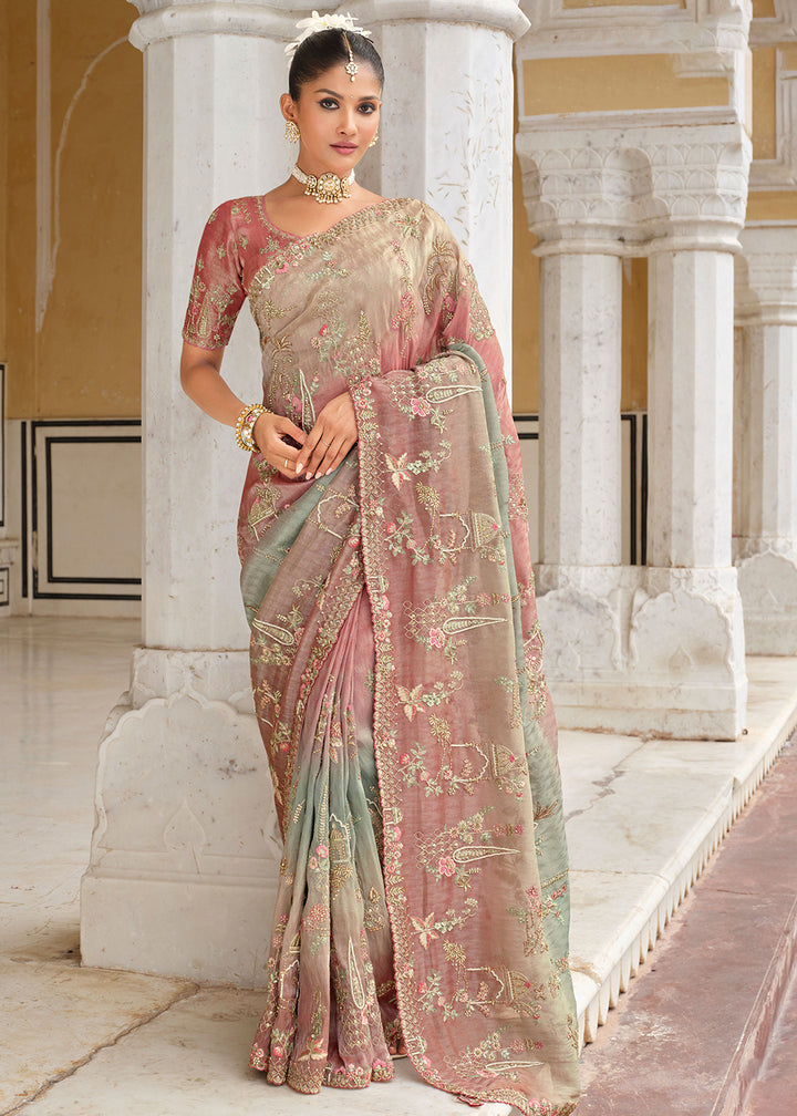 Buy Rani Multi Green & Pink Silk Khatli Embroidered Saree Online in US, UK, Canada, France, Germany, Denmark, Netherlands, Sweden, Greece & Worldwide at Empress.