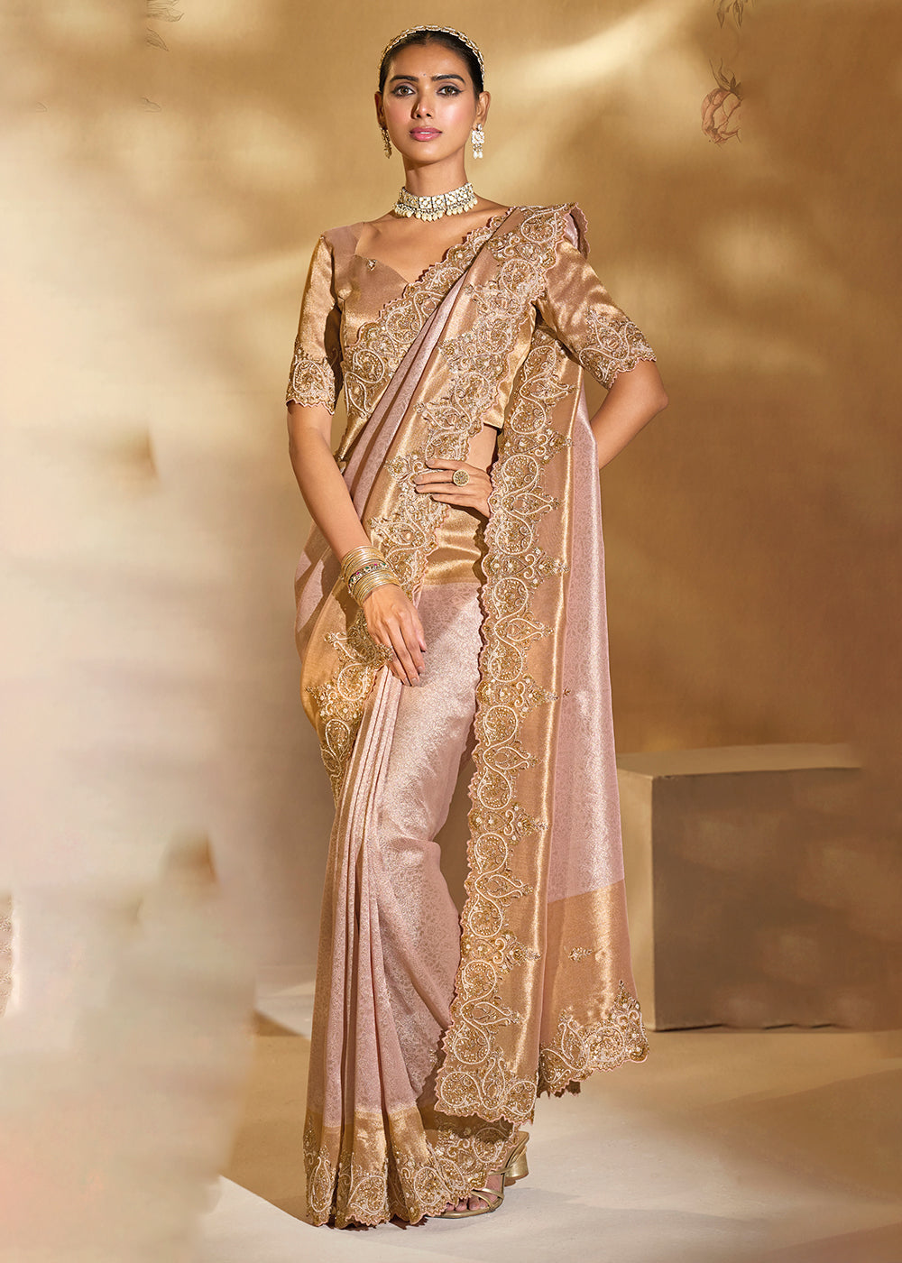 Buy Traditional Pink Heavy Embroidered Wedding Bridal Saree Online in US, UK, Canada, France, Germany, Denmark, Belgium, Sweden, Greece & Worldwide at Empress.