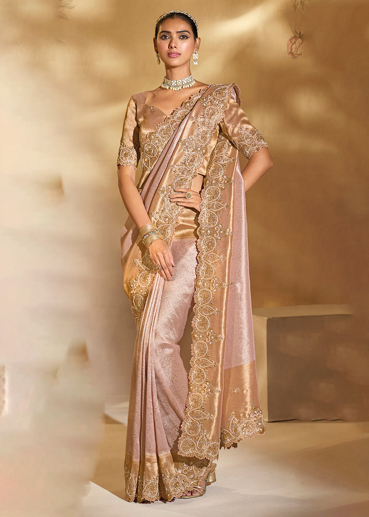 Buy Traditional Pink Heavy Embroidered Wedding Bridal Saree Online in US, UK, Canada, France, Germany, Denmark, Belgium, Sweden, Greece & Worldwide at Empress.