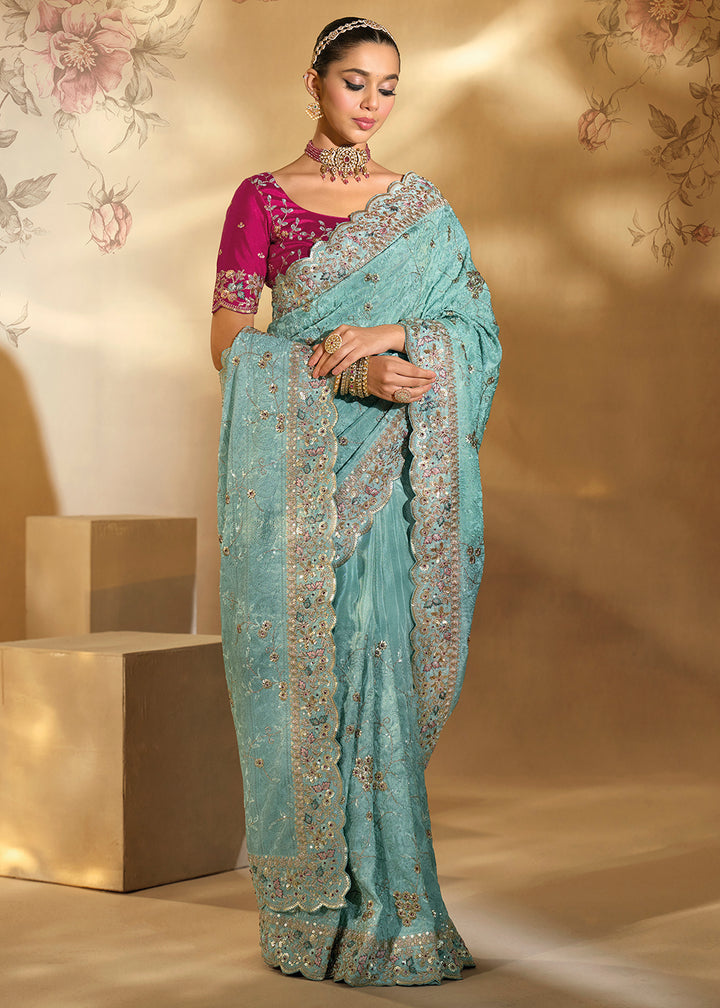 Buy Traditional Sea Green Heavy Embroidered Wedding Bridal Saree Online in US, UK, Canada, France, Germany, Denmark, Belgium, Sweden & Worldwide at Empress.