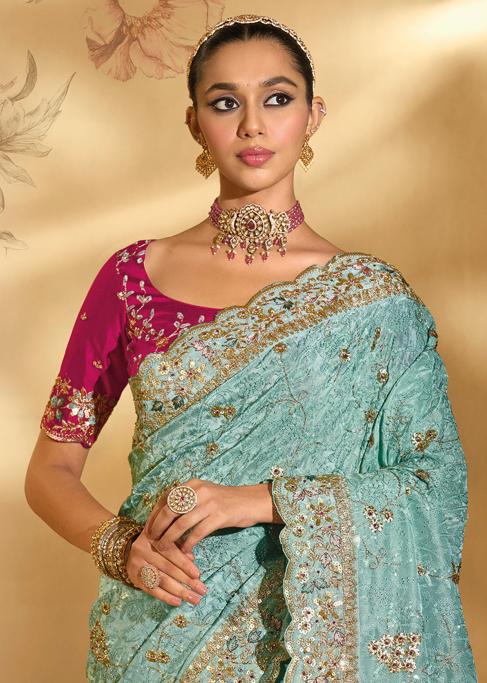 Buy Traditional Sea Green Heavy Embroidered Wedding Bridal Saree Online in US, UK, Canada, France, Germany, Denmark, Belgium, Sweden & Worldwide at Empress.