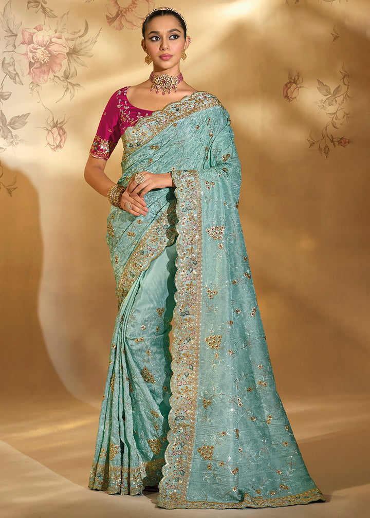 Buy Traditional Sea Green Heavy Embroidered Wedding Bridal Saree Online in US, UK, Canada, France, Germany, Denmark, Belgium, Sweden & Worldwide at Empress.