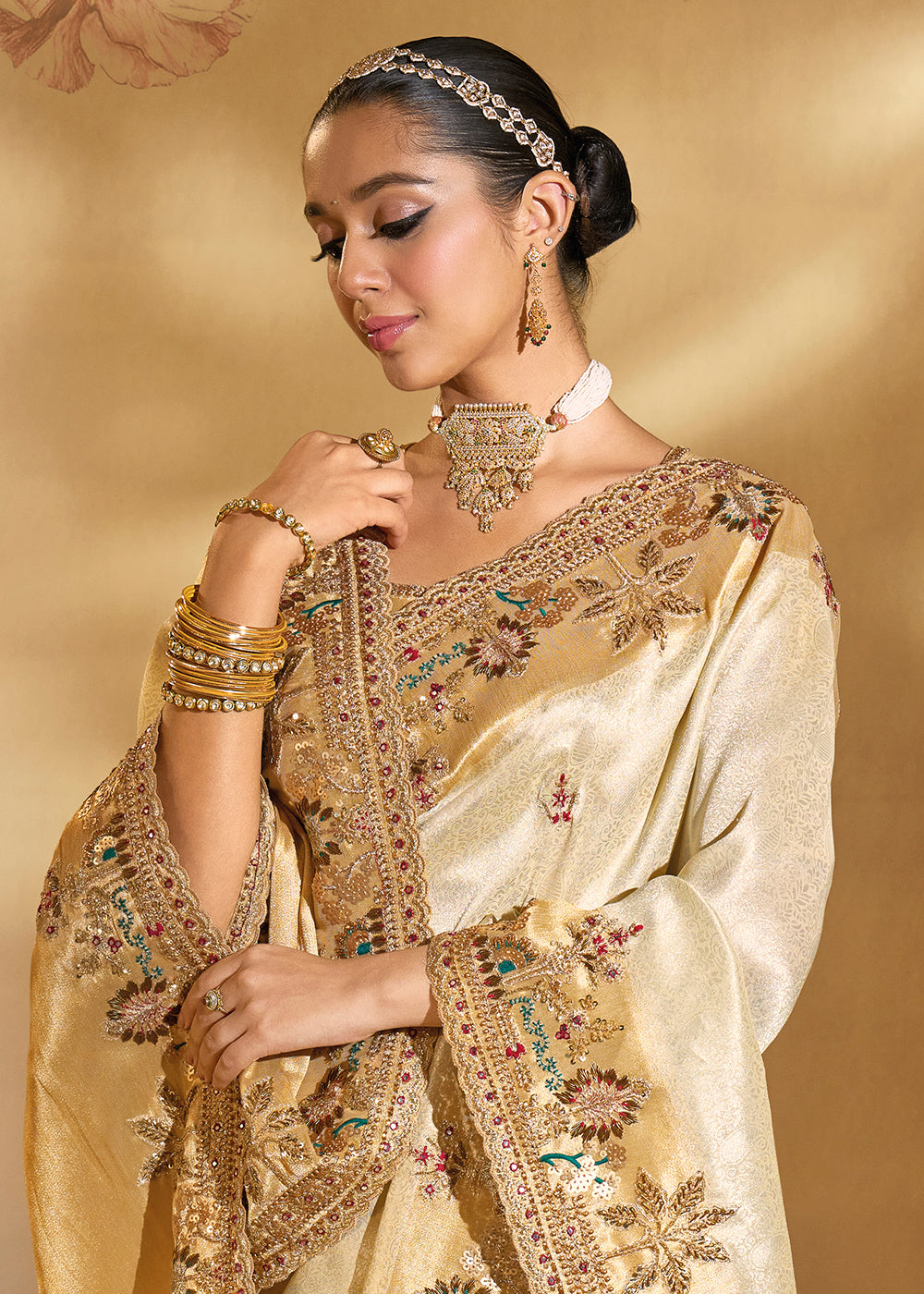 Buy Traditional Beige Heavy Embroidered Wedding Bridal Saree Online in US, UK, Canada, France, Germany, Denmark, Belgium, Sweden, UAE & Worldwide at Empress.
