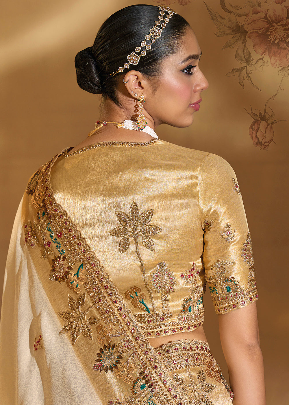 Buy Traditional Beige Heavy Embroidered Wedding Bridal Saree Online in US, UK, Canada, France, Germany, Denmark, Belgium, Sweden, UAE & Worldwide at Empress.