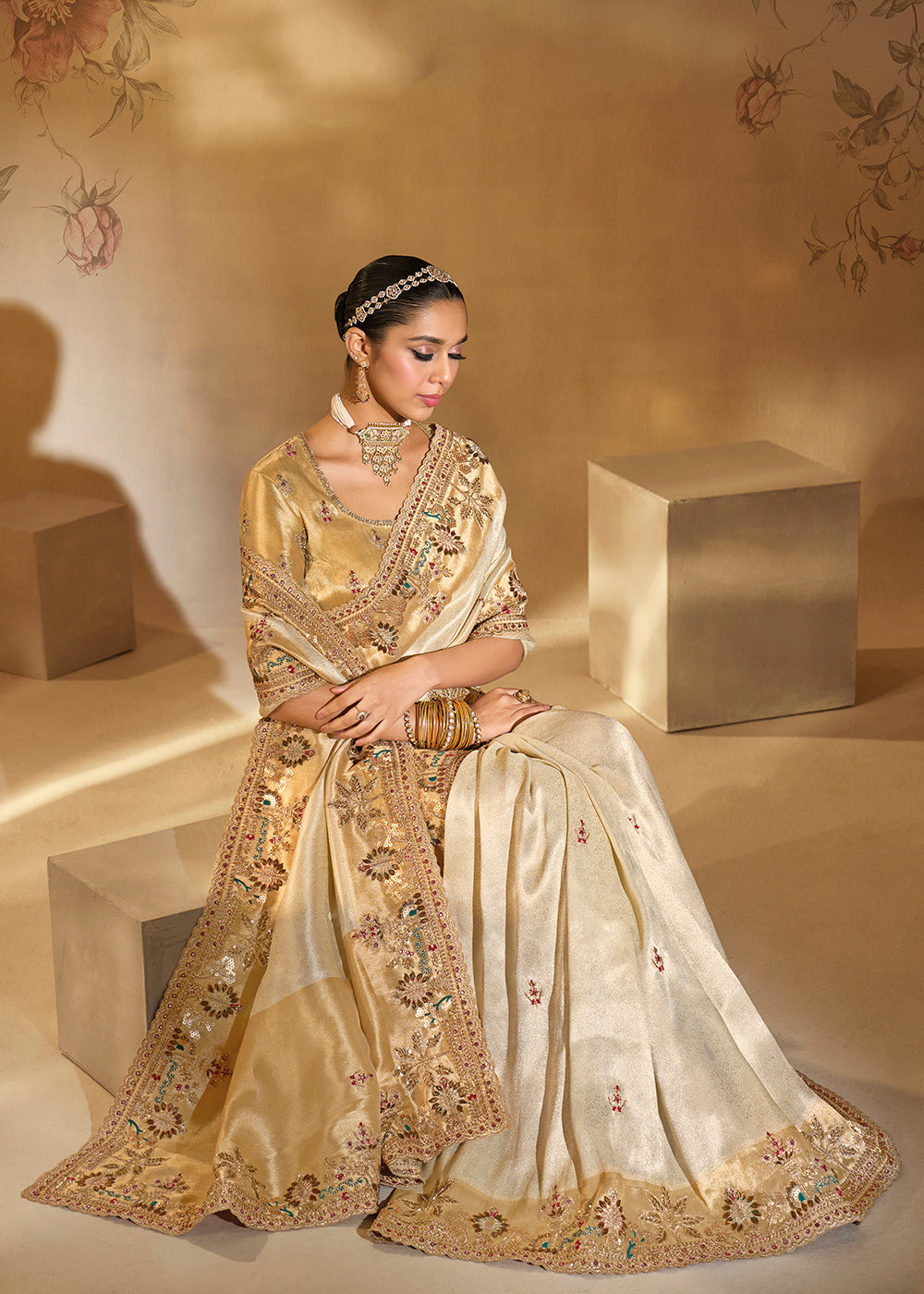 Buy Traditional Beige Heavy Embroidered Wedding Bridal Saree Online in US, UK, Canada, France, Germany, Denmark, Belgium, Sweden, UAE & Worldwide at Empress.