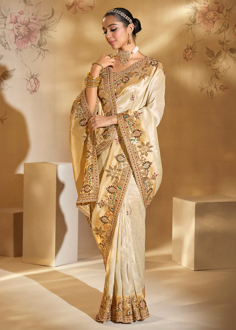 Buy Traditional Beige Heavy Embroidered Wedding Bridal Saree Online in US, UK, Canada, France, Germany, Denmark, Belgium, Sweden, UAE & Worldwide at Empress.