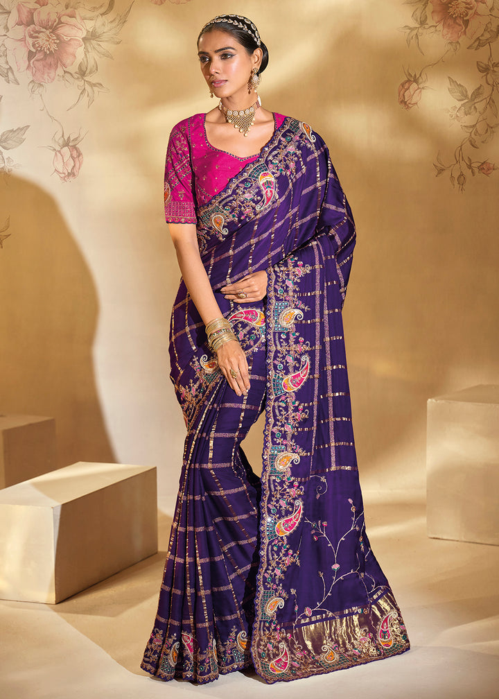 Buy Traditional Purple Heavy Embroidered Wedding Bridal Saree Online in US, UK, Canada, France, Germany, Denmark, Belgium, Sweden, UAE & Worldwide at Empress.
