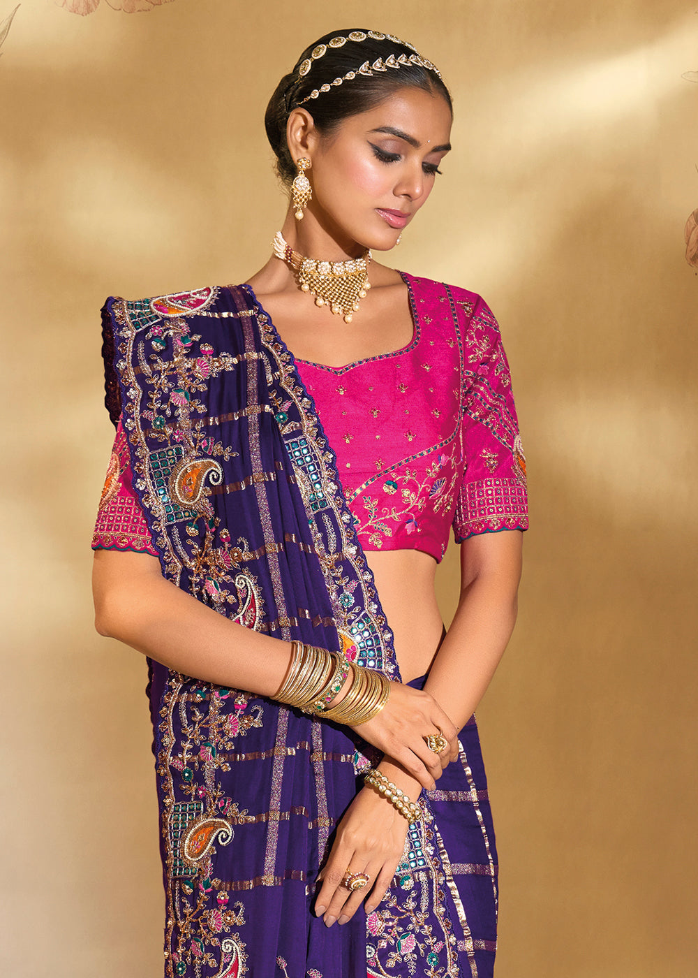 Buy Traditional Purple Heavy Embroidered Wedding Bridal Saree Online in US, UK, Canada, France, Germany, Denmark, Belgium, Sweden, UAE & Worldwide at Empress.