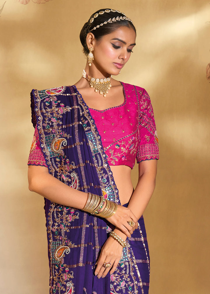 Buy Traditional Purple Heavy Embroidered Wedding Bridal Saree Online in US, UK, Canada, France, Germany, Denmark, Belgium, Sweden, UAE & Worldwide at Empress.