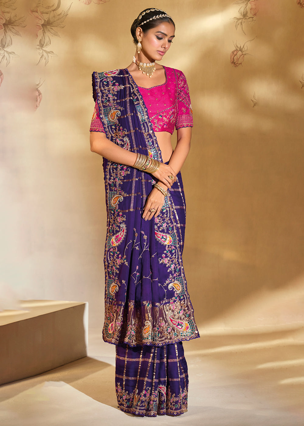 Buy Traditional Purple Heavy Embroidered Wedding Bridal Saree Online in US, UK, Canada, France, Germany, Denmark, Belgium, Sweden, UAE & Worldwide at Empress.