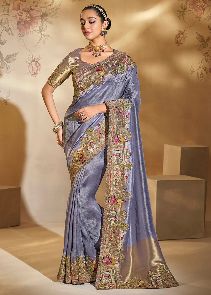 Buy Traditional Lavender Heavy Embroidered Wedding Bridal Saree Online in US, UK, Canada, France, Germany, Denmark, Belgium, Sweden, UAE & Worldwide at Empress.