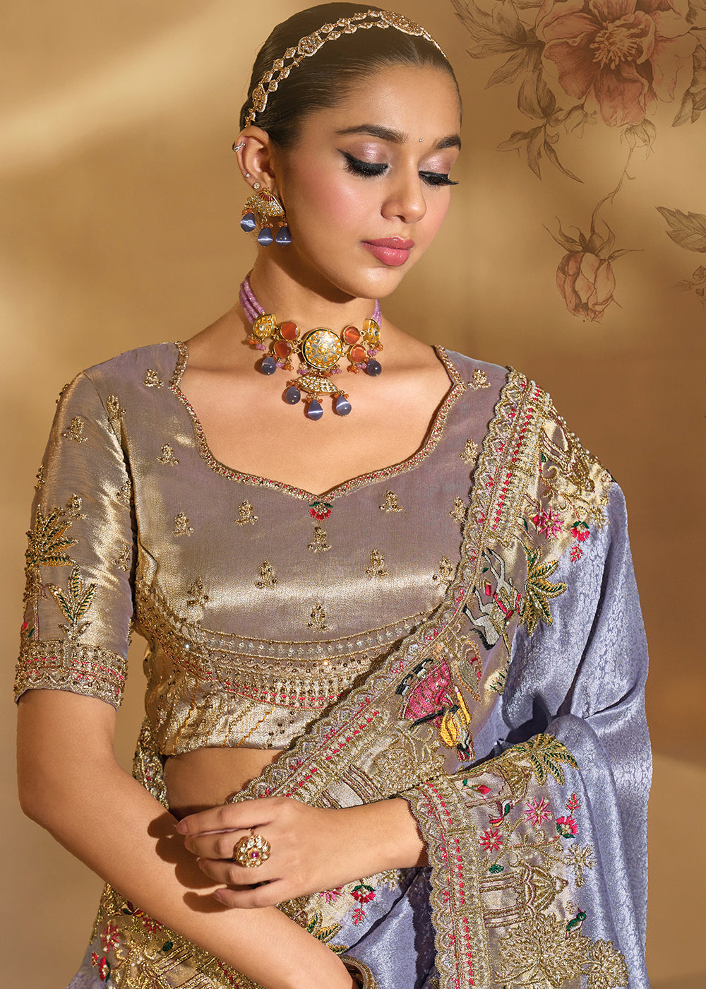 Buy Traditional Lavender Heavy Embroidered Wedding Bridal Saree Online in US, UK, Canada, France, Germany, Denmark, Belgium, Sweden, UAE & Worldwide at Empress.