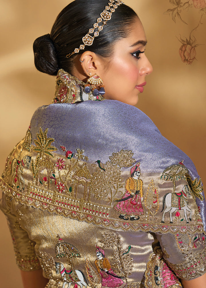 Buy Traditional Lavender Heavy Embroidered Wedding Bridal Saree Online in US, UK, Canada, France, Germany, Denmark, Belgium, Sweden, UAE & Worldwide at Empress.