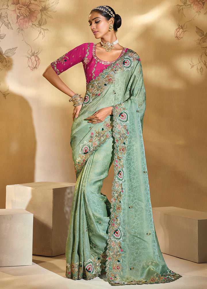 Buy Traditional Mint Green Heavy Embroidered Wedding Bridal Saree Online in US, UK, Canada, France, Germany, Denmark, Belgium, Sweden & Worldwide at Empress.