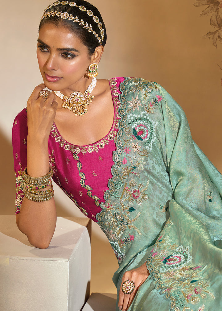 Buy Traditional Mint Green Heavy Embroidered Wedding Bridal Saree Online in US, UK, Canada, France, Germany, Denmark, Belgium, Sweden & Worldwide at Empress.