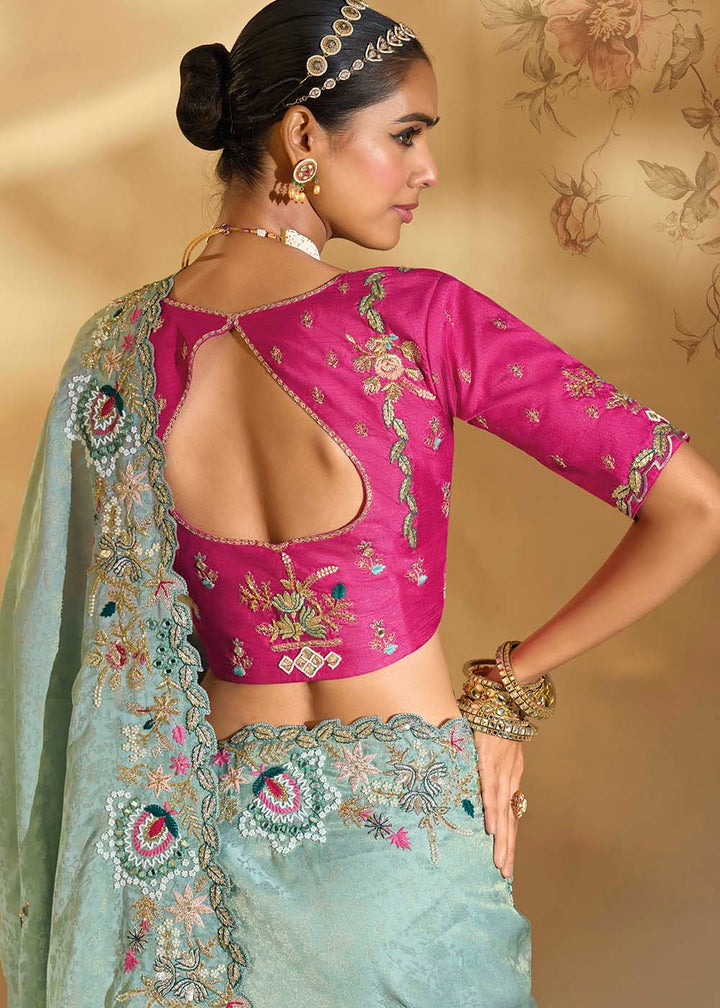 Buy Traditional Mint Green Heavy Embroidered Wedding Bridal Saree Online in US, UK, Canada, France, Germany, Denmark, Belgium, Sweden & Worldwide at Empress.