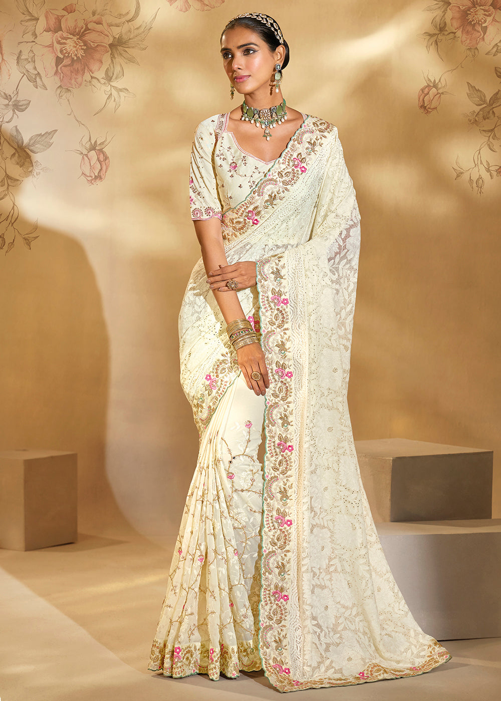 Buy Traditional Off White Heavy Embroidered Wedding Bridal Saree Online in US, UK, Canada, France, Germany, Denmark, Belgium, Sweden & Worldwide at Empress.