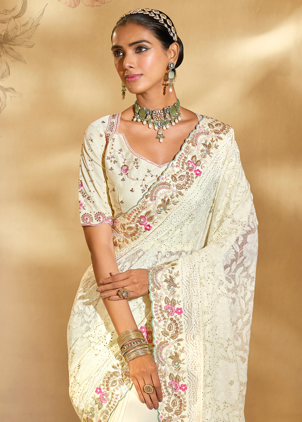 Buy Traditional Off White Heavy Embroidered Wedding Bridal Saree Online in US, UK, Canada, France, Germany, Denmark, Belgium, Sweden & Worldwide at Empress.