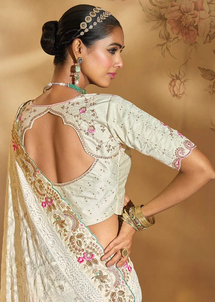 Buy Traditional Off White Heavy Embroidered Wedding Bridal Saree Online in US, UK, Canada, France, Germany, Denmark, Belgium, Sweden & Worldwide at Empress.