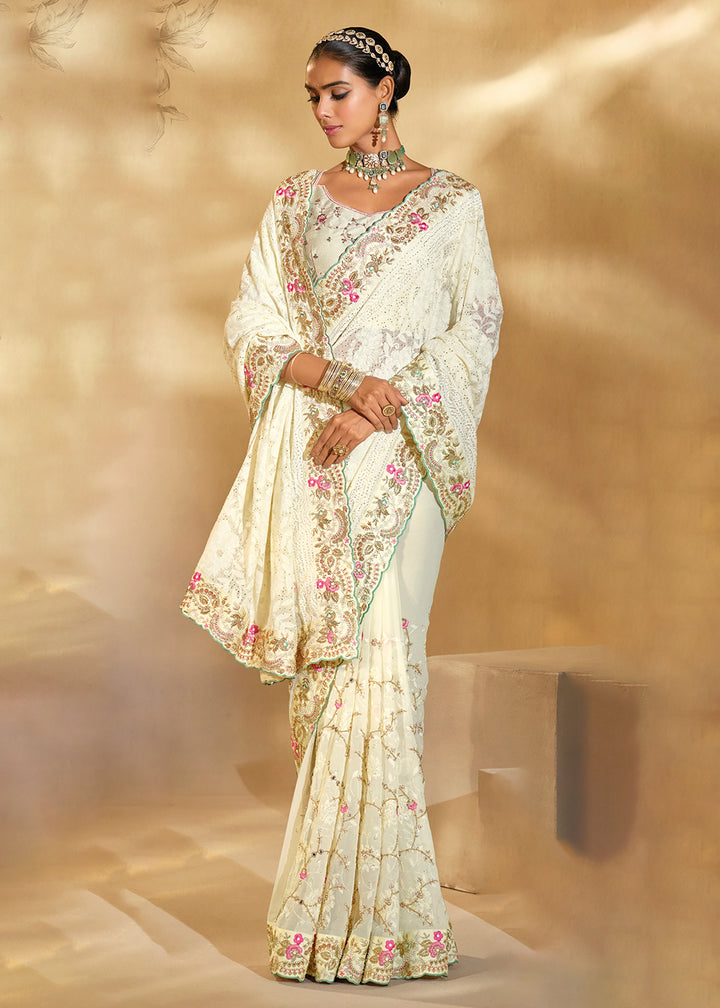 Buy Traditional Off White Heavy Embroidered Wedding Bridal Saree Online in US, UK, Canada, France, Germany, Denmark, Belgium, Sweden & Worldwide at Empress.