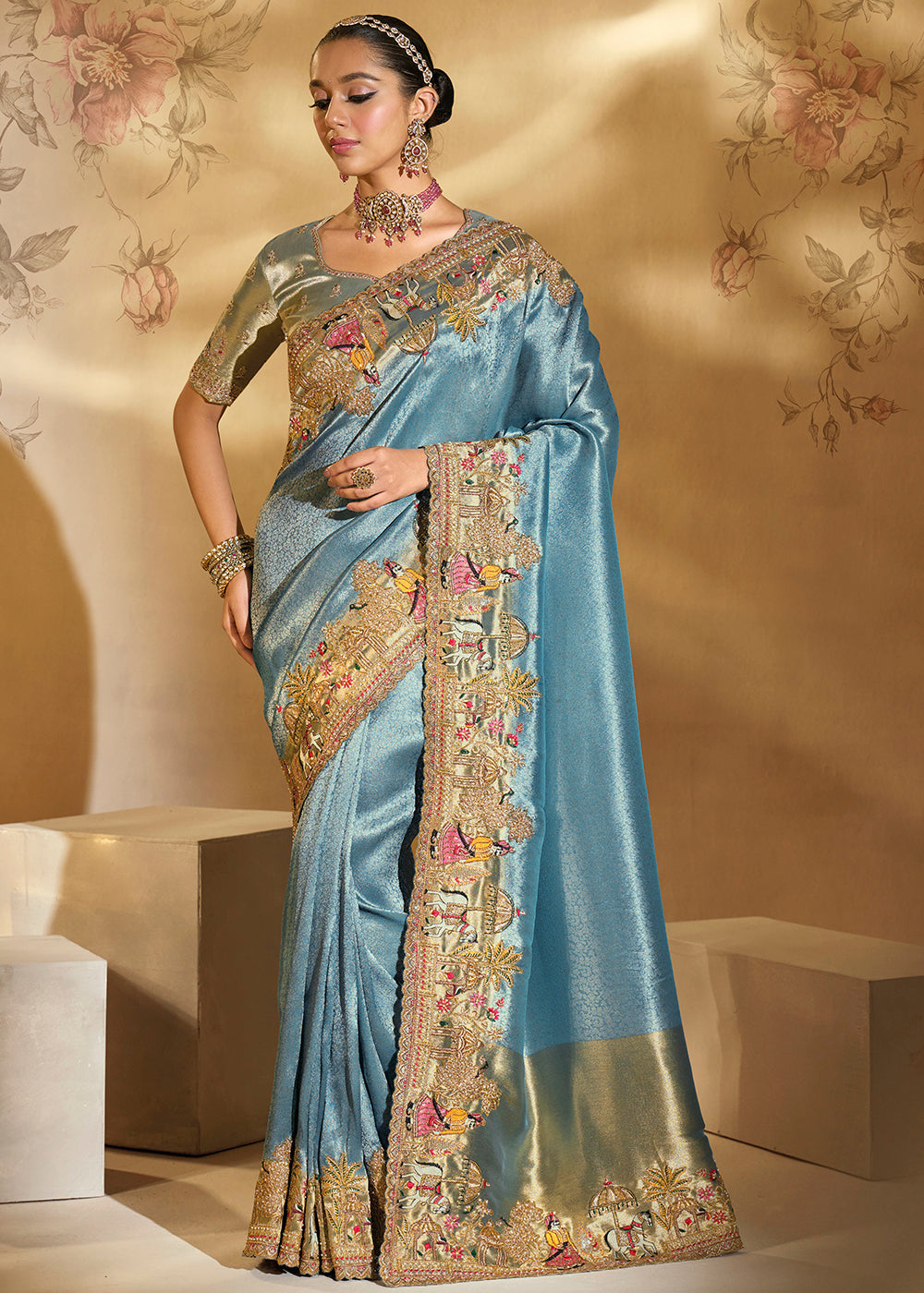 Buy Traditional Livid Blue Heavy Embroidered Wedding Bridal Saree Online in US, UK, Canada, France, Germany, Denmark, Belgium, Sweden & Worldwide at Empress.