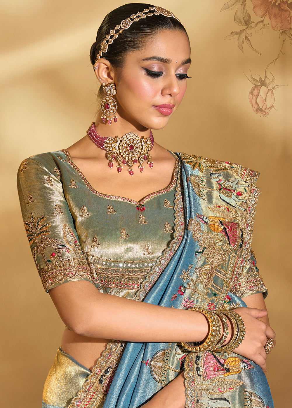 Buy Traditional Livid Blue Heavy Embroidered Wedding Bridal Saree Online in US, UK, Canada, France, Germany, Denmark, Belgium, Sweden & Worldwide at Empress.