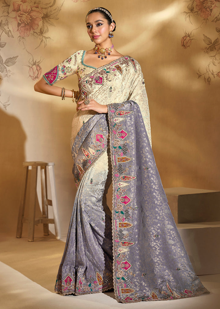 Buy Traditional Grey & Cream Heavy Embroidered Wedding Bridal Saree Online in US, UK, Canada, France, Germany, Denmark, Belgium, Sweden & Worldwide at Empress.