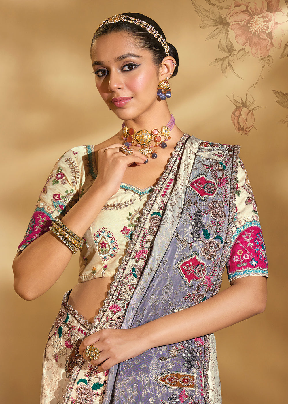 Buy Traditional Grey & Cream Heavy Embroidered Wedding Bridal Saree Online in US, UK, Canada, France, Germany, Denmark, Belgium, Sweden & Worldwide at Empress.