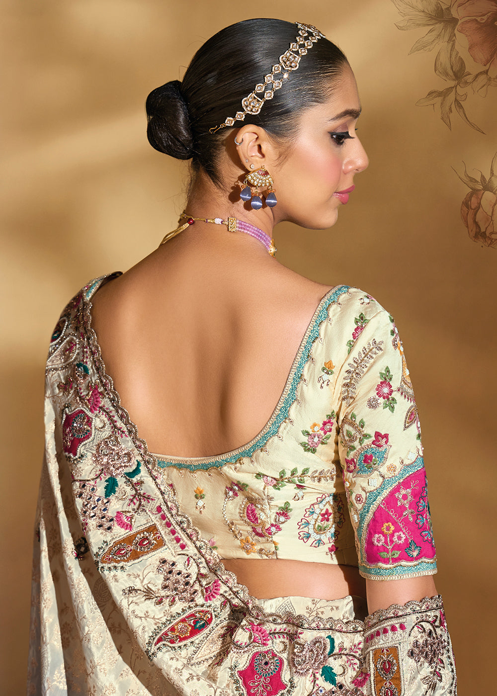 Buy Traditional Grey & Cream Heavy Embroidered Wedding Bridal Saree Online in US, UK, Canada, France, Germany, Denmark, Belgium, Sweden & Worldwide at Empress.