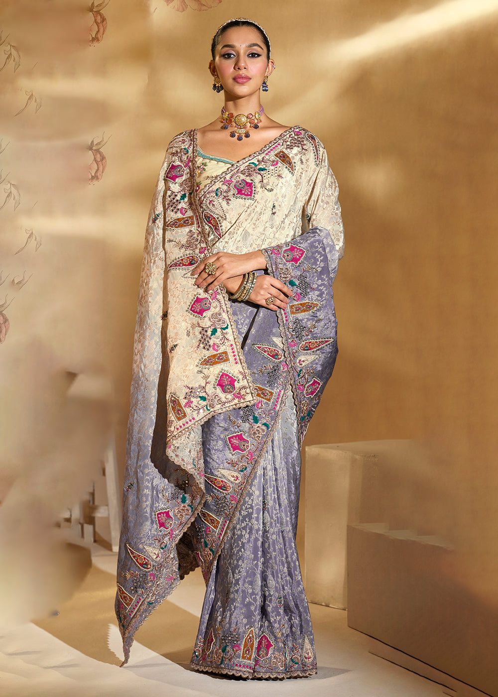Buy Traditional Grey & Cream Heavy Embroidered Wedding Bridal Saree Online in US, UK, Canada, France, Germany, Denmark, Belgium, Sweden & Worldwide at Empress.