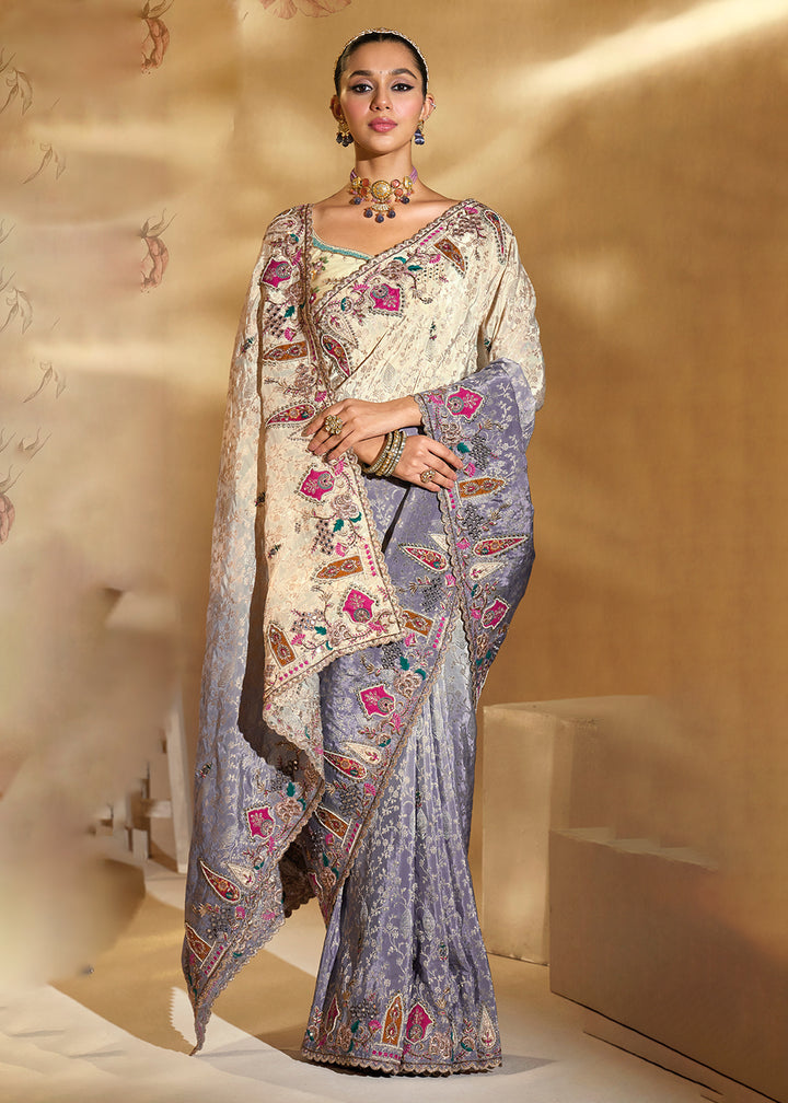 Buy Traditional Grey & Cream Heavy Embroidered Wedding Bridal Saree Online in US, UK, Canada, France, Germany, Denmark, Belgium, Sweden & Worldwide at Empress.