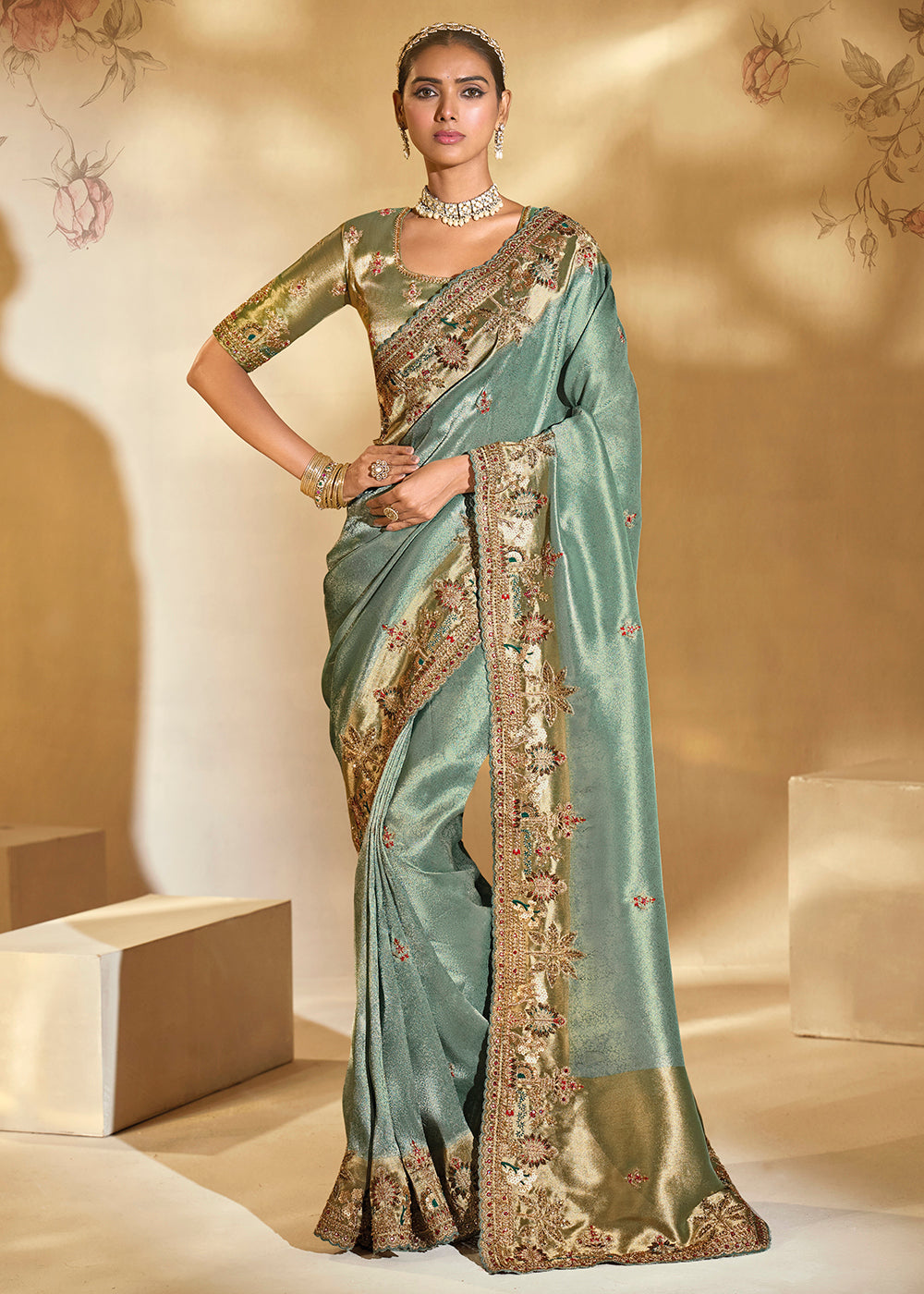 Buy Traditional Pista Heavy Embroidered Wedding Bridal Saree Online in US, UK, Canada, France, Germany, Denmark, Belgium, Sweden, UAE & Worldwide at Empress.