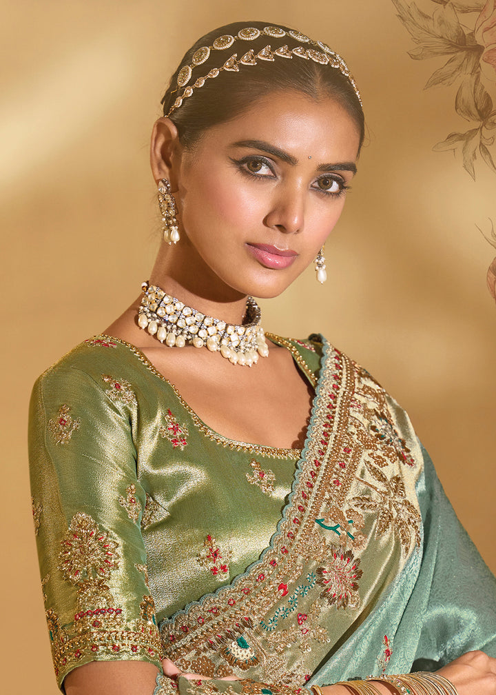 Buy Traditional Pista Heavy Embroidered Wedding Bridal Saree Online in US, UK, Canada, France, Germany, Denmark, Belgium, Sweden, UAE & Worldwide at Empress.