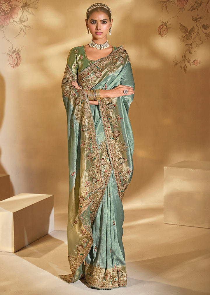 Buy Traditional Pista Heavy Embroidered Wedding Bridal Saree Online in US, UK, Canada, France, Germany, Denmark, Belgium, Sweden, UAE & Worldwide at Empress.
