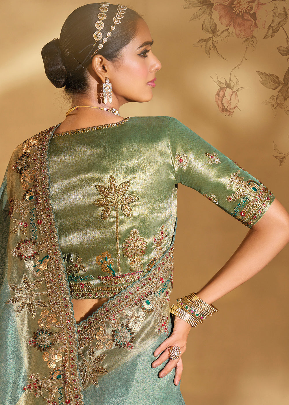 Buy Traditional Pista Heavy Embroidered Wedding Bridal Saree Online in US, UK, Canada, France, Germany, Denmark, Belgium, Sweden, UAE & Worldwide at Empress.