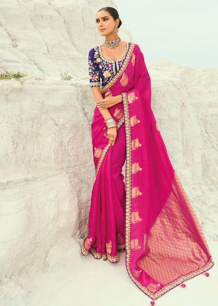 Buy Rani Viscose Organza Traditional Embroidered Saree Online in US, UK, Canada, France, Germany, Denmark, Netherlands, Sweden, Greece & Worldwide at Empress.