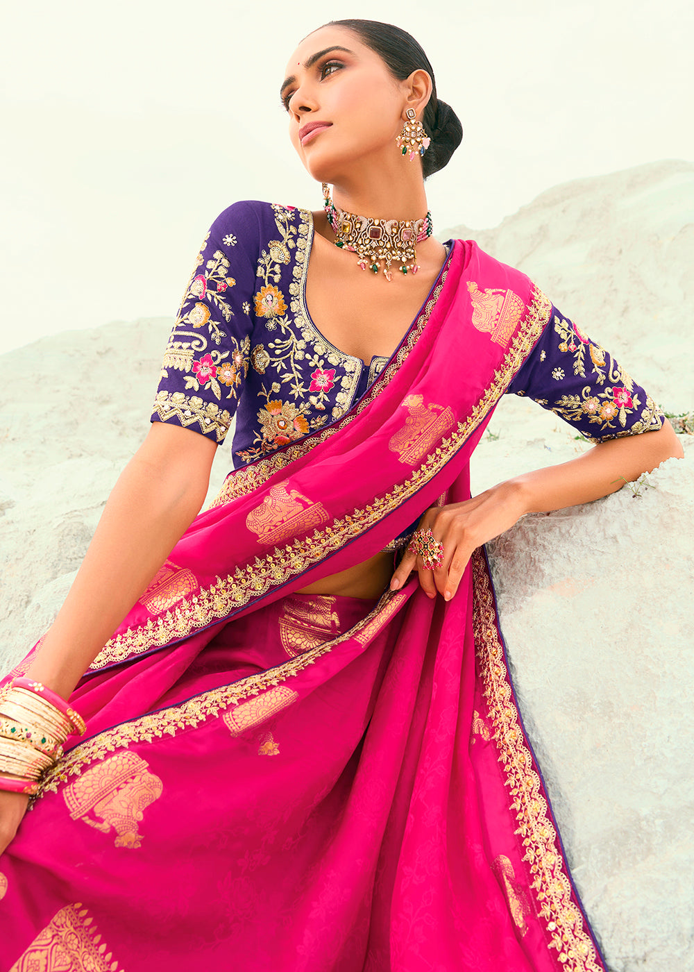 Buy Rani Viscose Organza Traditional Embroidered Saree Online in US, UK, Canada, France, Germany, Denmark, Netherlands, Sweden, Greece & Worldwide at Empress.