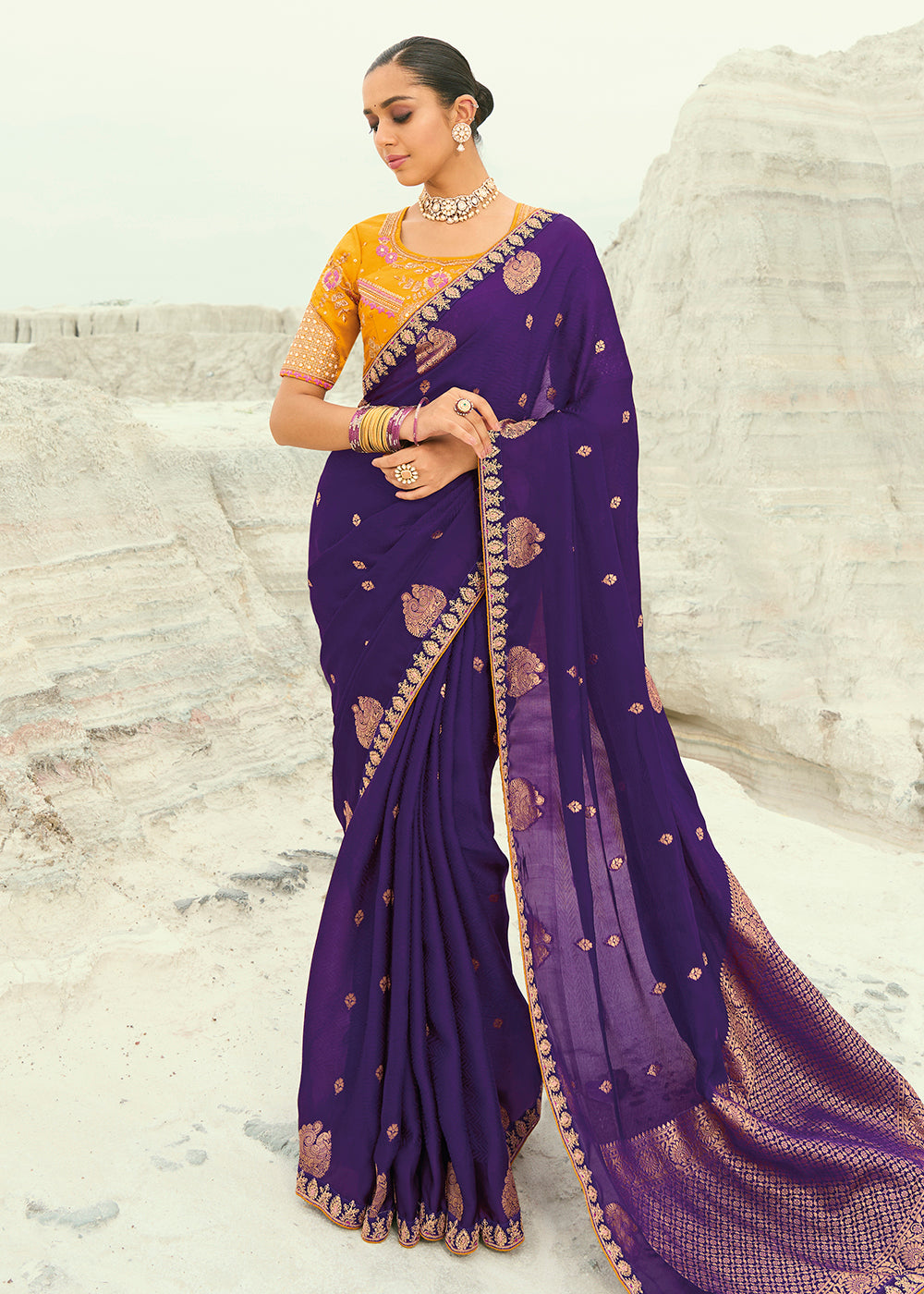 Buy Purple Viscose Organza Traditional Embroidered Saree Online in US, UK, Canada, France, Germany, Denmark, Netherlands, Sweden, Greece & Worldwide at Empress.