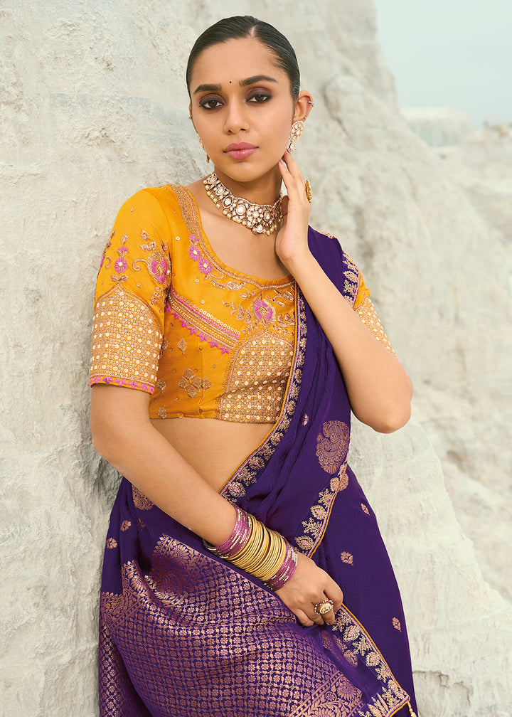Buy Purple Viscose Organza Traditional Embroidered Saree Online in US, UK, Canada, France, Germany, Denmark, Netherlands, Sweden, Greece & Worldwide at Empress.