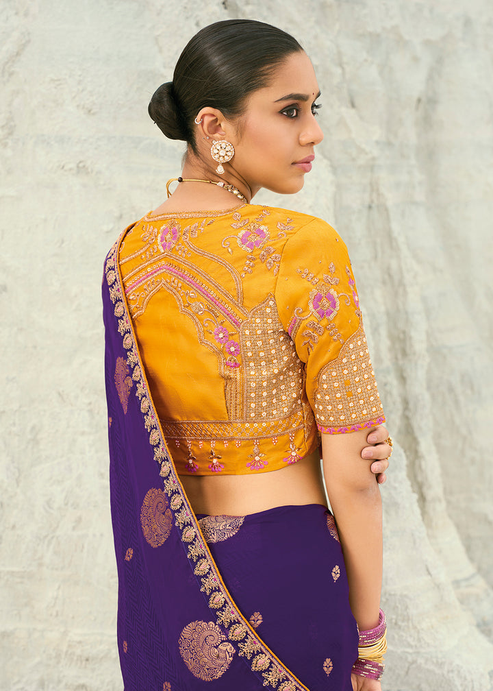 Buy Purple Viscose Organza Traditional Embroidered Saree Online in US, UK, Canada, France, Germany, Denmark, Netherlands, Sweden, Greece & Worldwide at Empress.
