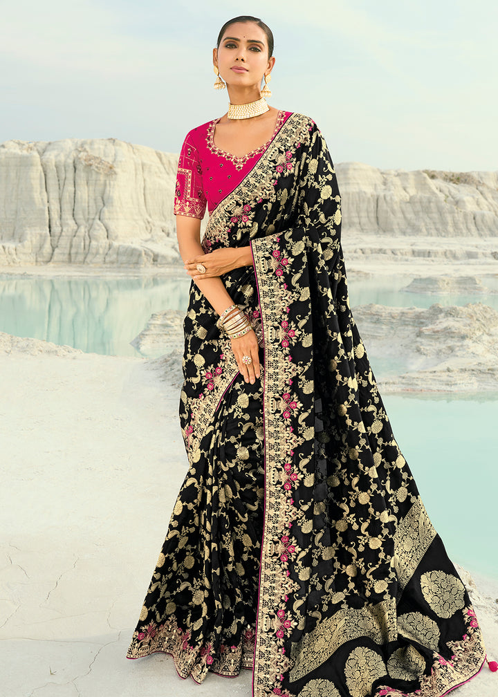 Buy Black Dola ViscoseTraditional Embroidered Saree Online in US, UK, Canada, France, Germany, Denmark, Netherlands, Sweden, Greece & Worldwide at Empress.