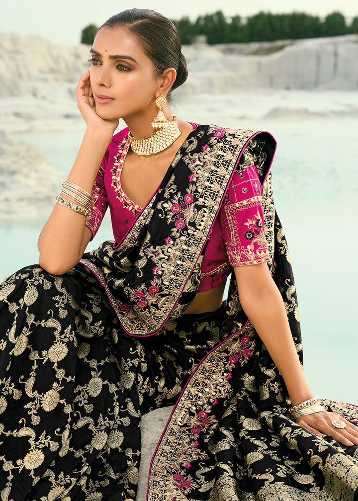 Buy Black Dola ViscoseTraditional Embroidered Saree Online in US, UK, Canada, France, Germany, Denmark, Netherlands, Sweden, Greece & Worldwide at Empress.