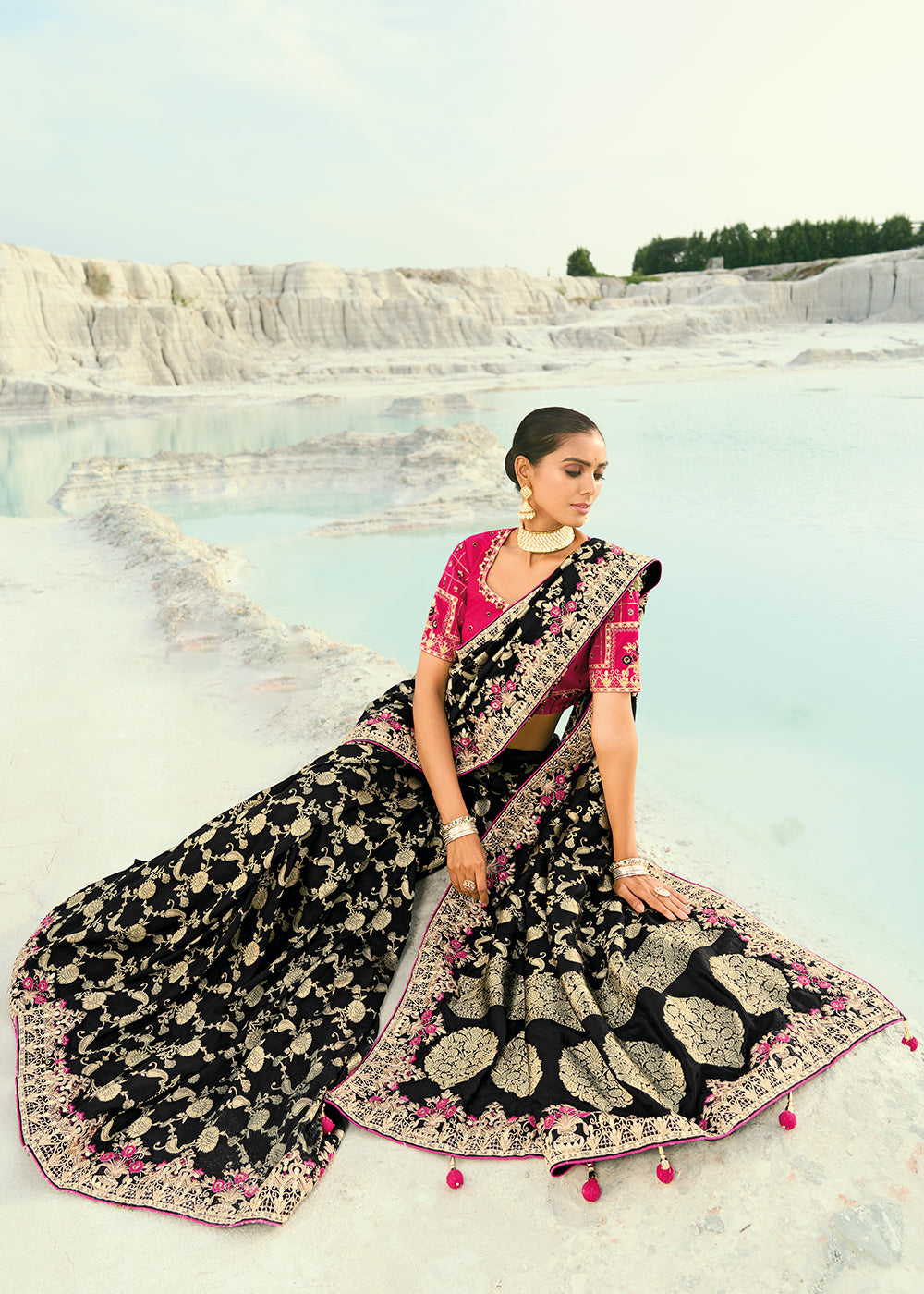 Buy Black Dola ViscoseTraditional Embroidered Saree Online in US, UK, Canada, France, Germany, Denmark, Netherlands, Sweden, Greece & Worldwide at Empress.