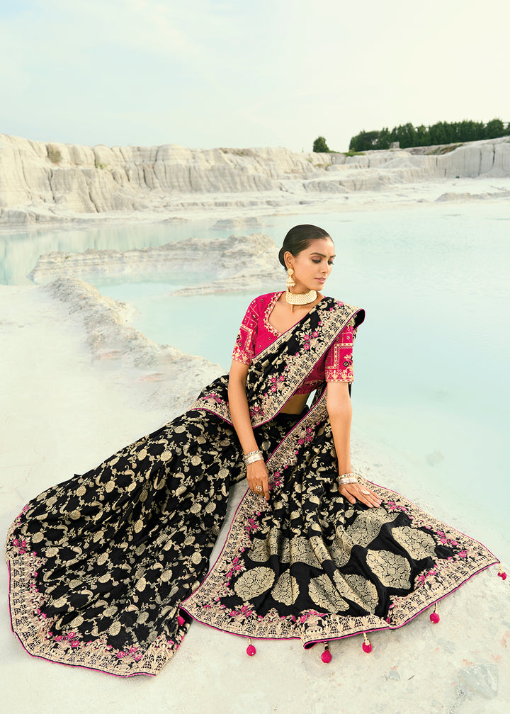 Buy Black Dola ViscoseTraditional Embroidered Saree Online in US, UK, Canada, France, Germany, Denmark, Netherlands, Sweden, Greece & Worldwide at Empress.