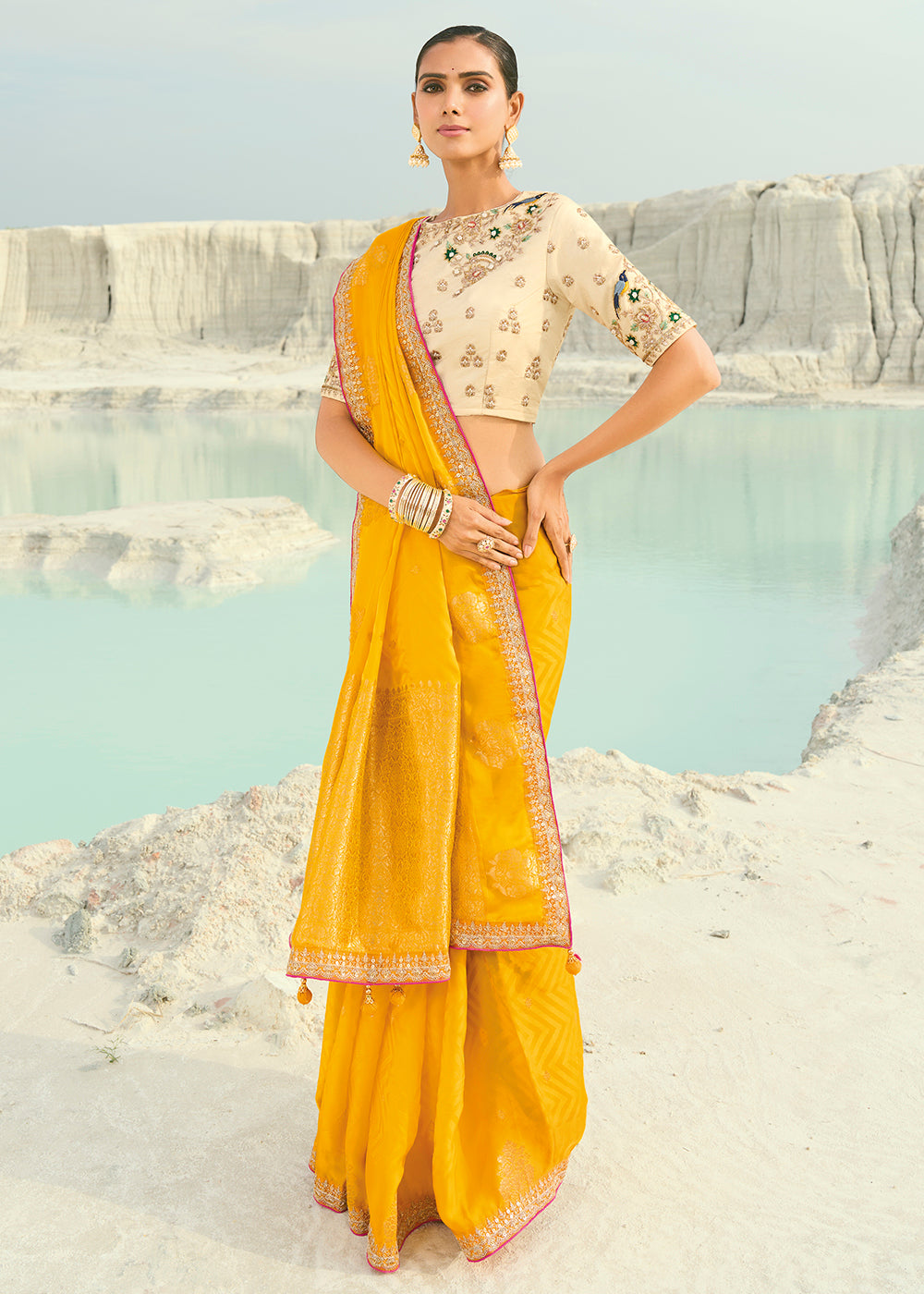 Buy Yellow Viscose Organza Traditional Embroidered Saree Online in US, UK, Canada, France, Germany, Denmark, Netherlands, Sweden, Greece & Worldwide at Empress.