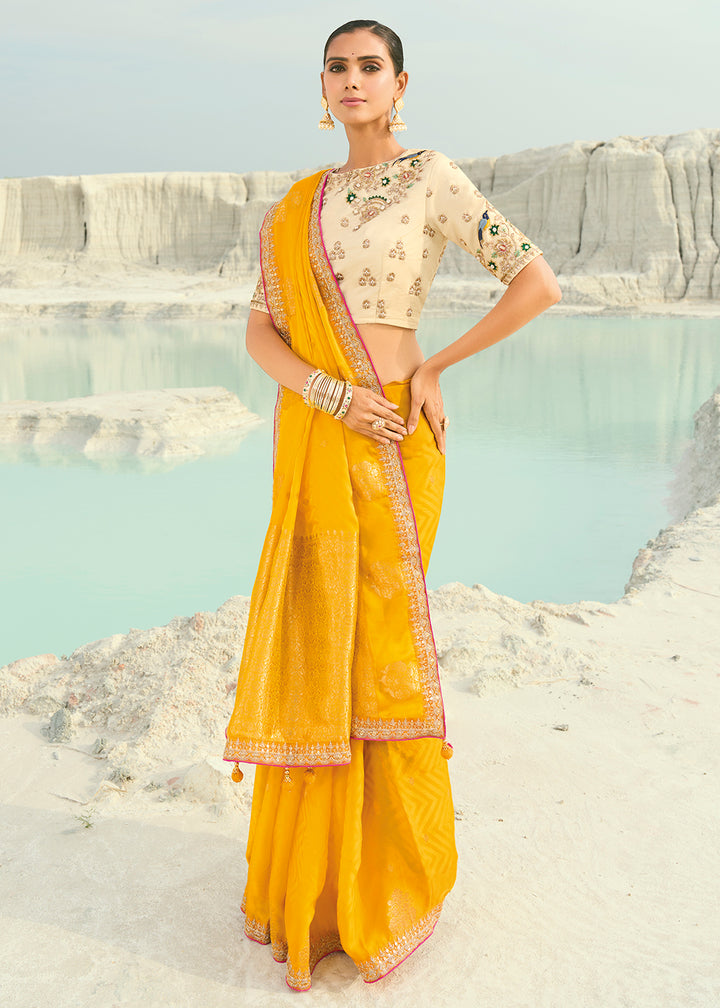 Buy Yellow Viscose Organza Traditional Embroidered Saree Online in US, UK, Canada, France, Germany, Denmark, Netherlands, Sweden, Greece & Worldwide at Empress.