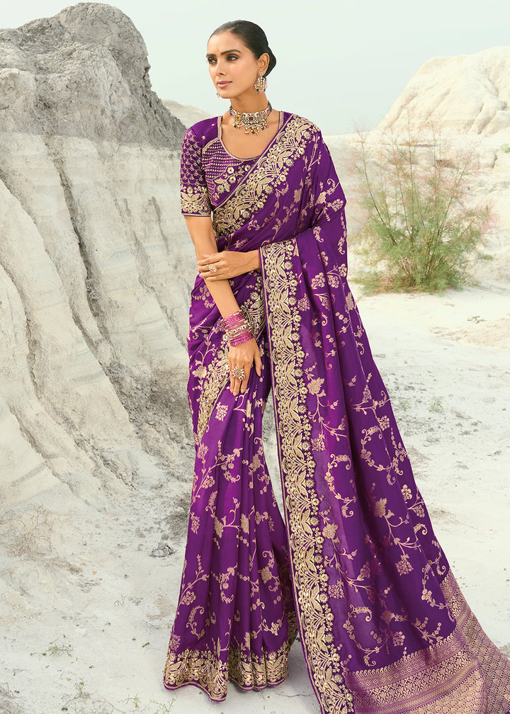 Buy Purple Dola ViscoseTraditional Embroidered Saree Online in US, UK, Canada, France, Germany, Denmark, Netherlands, Sweden, Greece & Worldwide at Empress.