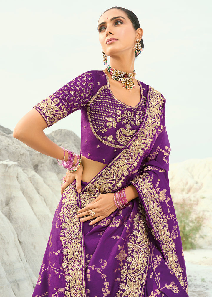 Buy Purple Dola ViscoseTraditional Embroidered Saree Online in US, UK, Canada, France, Germany, Denmark, Netherlands, Sweden, Greece & Worldwide at Empress.